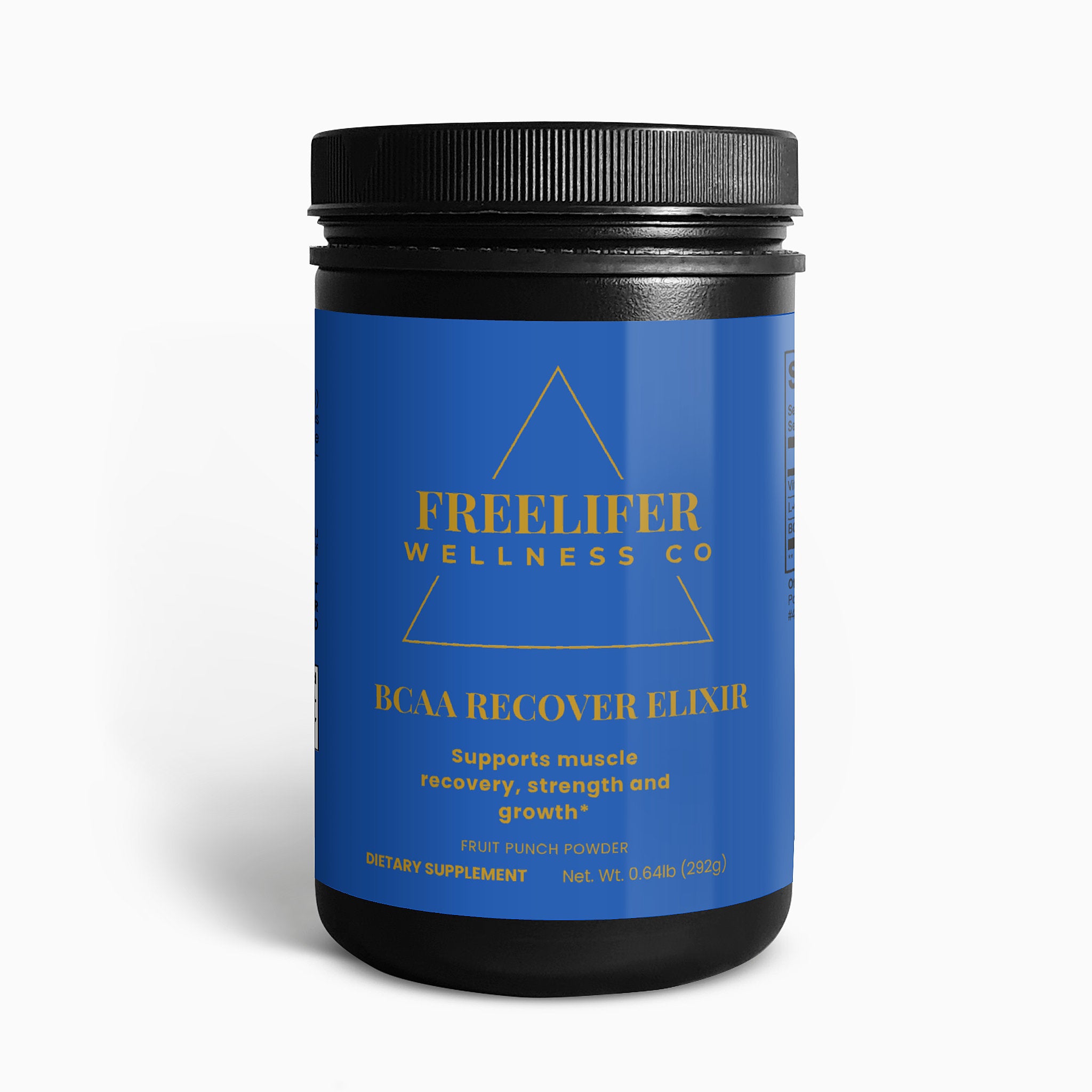 Blue container with black lid labeled 'Freelifer Wellness Co' on a white background